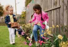 kids hunting for Easter eggs in back yard