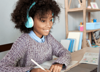 female student doing online school