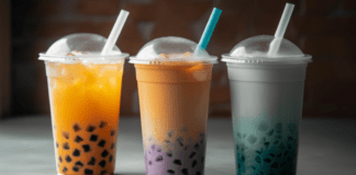 Three colorful boba tea cups