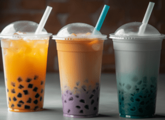 Three colorful boba tea cups